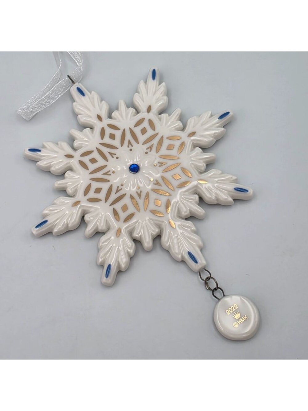 Hallmark Keepsake 2022 Snowflake Ornament Gold & Blue Accents Ceramic In Box